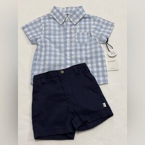 Infant Boy 3/6M Sperry Light Blue Checkered Shirt and Dark Blue Shorts Set - NWT